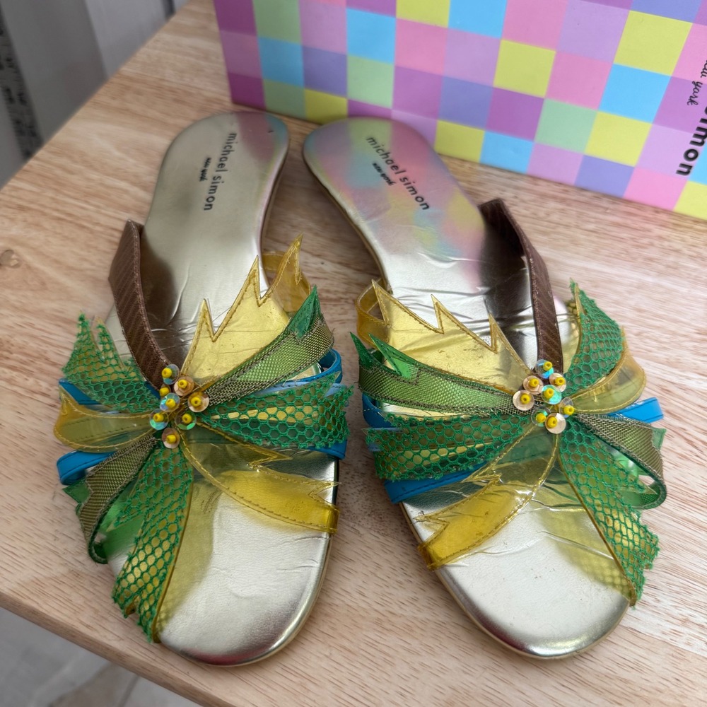Michael Simon Palm Slide Sandals 9 Gold Green Y2K Tropical Kitsch Flat Sandals